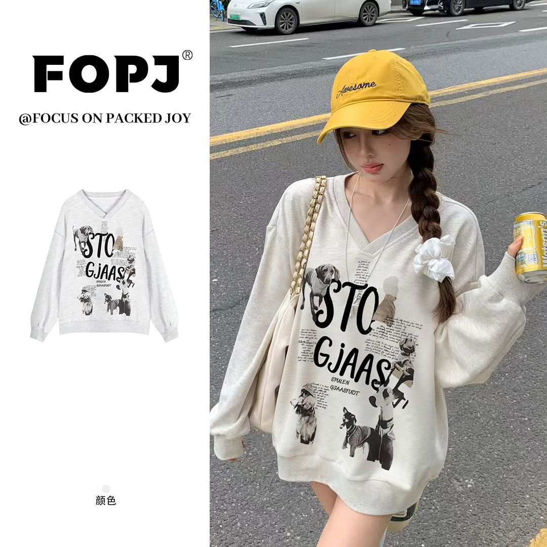 FOPJ韩系慵懒风穿搭复古小狗V领长袖卫衣女宽松百搭潮流辣妹上衣