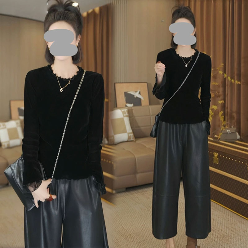 2025秋季酷飒风时尚高级感套装女洋气百搭丝绒上衣休闲皮裤两件套