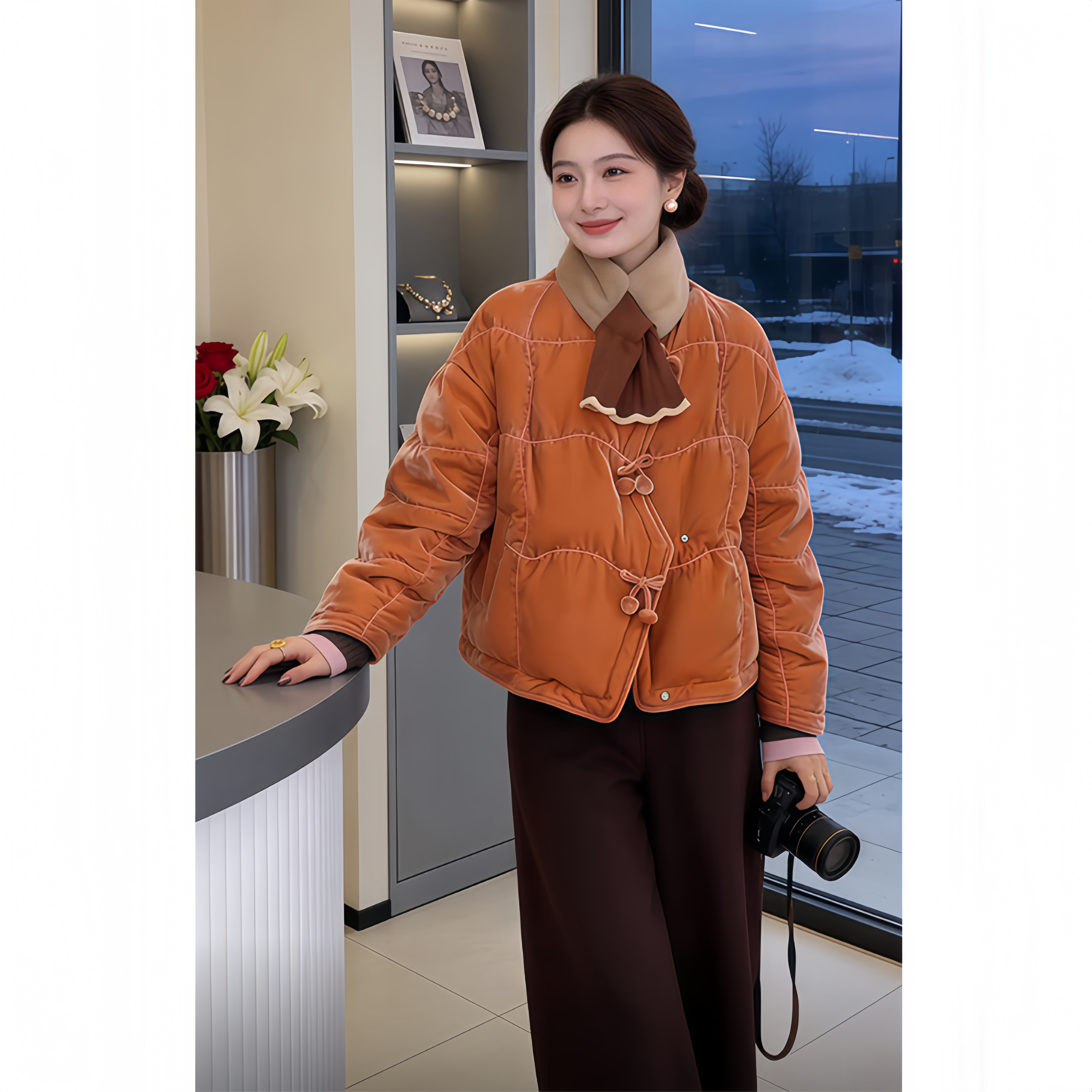 老钱风不规则圆领丝绒棉衣加厚棉服女短外套保暖宽松冬季新款爆款