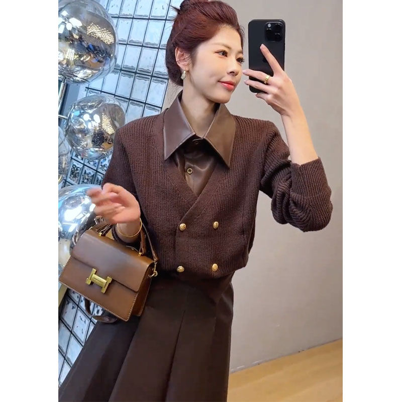 入秋一整套2025新款美拉德时尚拼接假两件上衣高腰半身裙两件套装