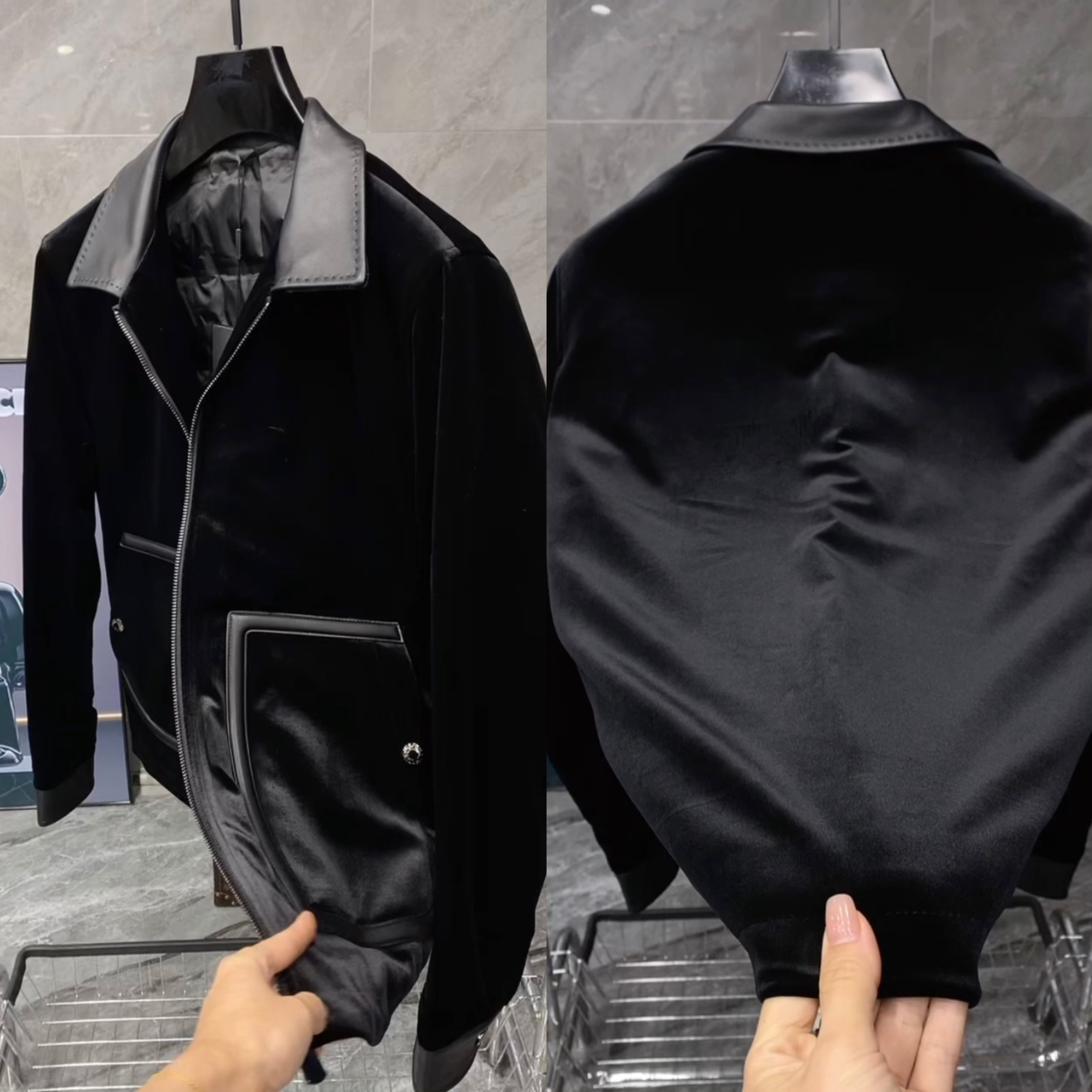 冬季新款男士轻奢时尚百搭高端丝绒拼皮鹅绒夹克外套羽绒服 7621