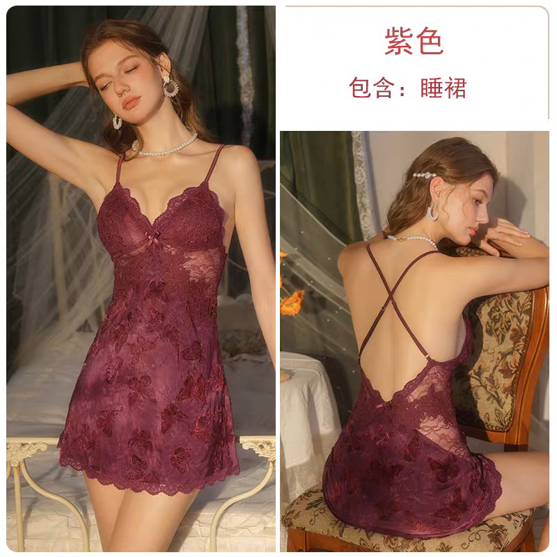 女性感秋冬款紫色植绒纯欲风美背带胸垫吊带睡裙晨袍家居服套装