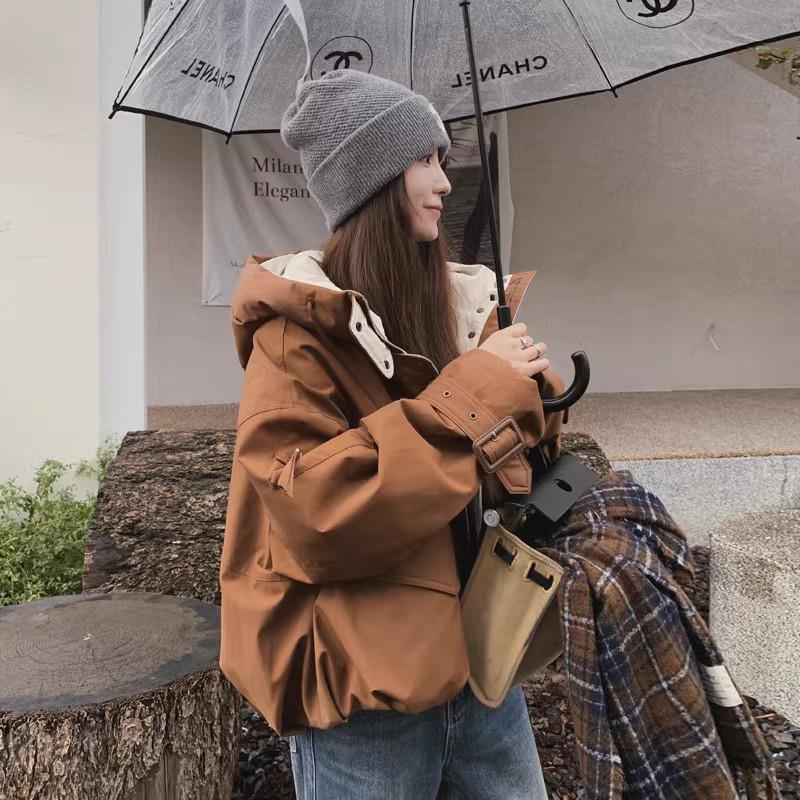 咖啡色夹棉加厚派克服外套女小个子2025冬季新款宽松工装棉服棉袄