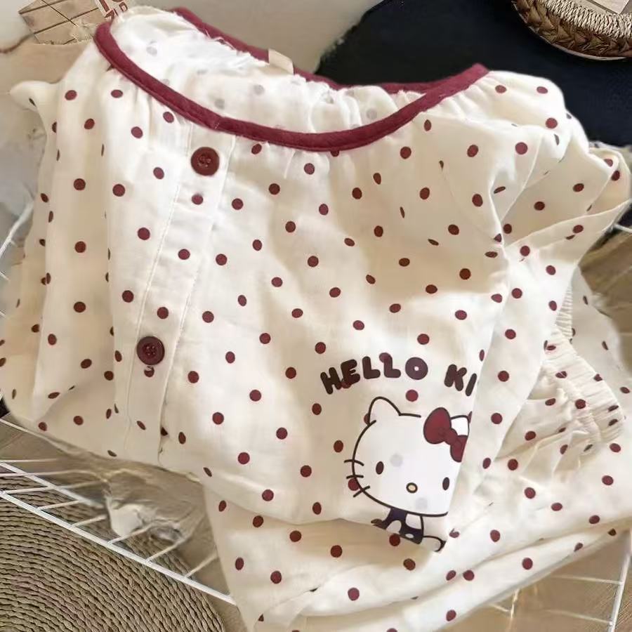 春秋季波点KT猫圆领睡衣女甜美长袖少女儿童薄款家居服亲子套装