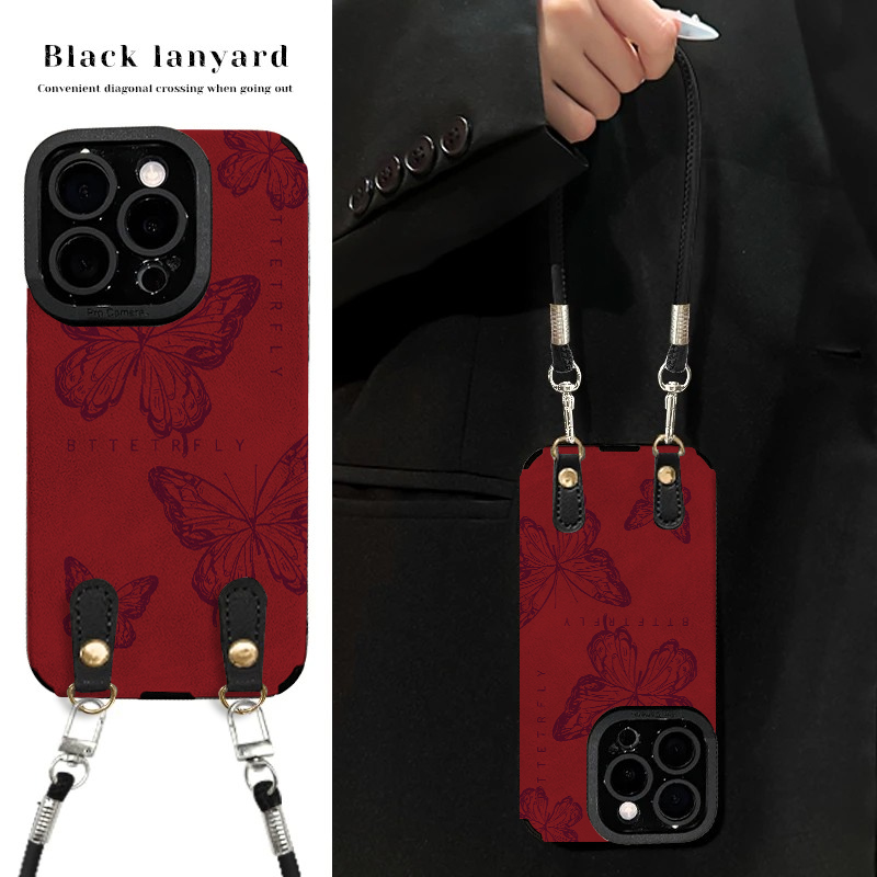 线条蝴蝶适用苹果vivo华为oppo小米iPhone17翻毛皮防摔手机壳女款