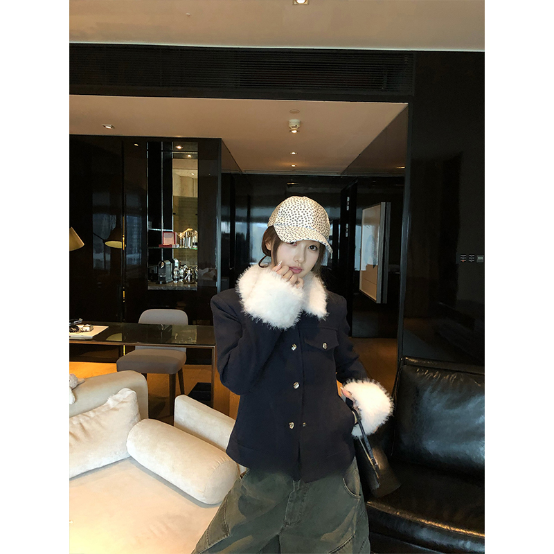 2025新款毛呢复古风百搭拼毛修身收腰双色夹克通勤棉服外套女秋季