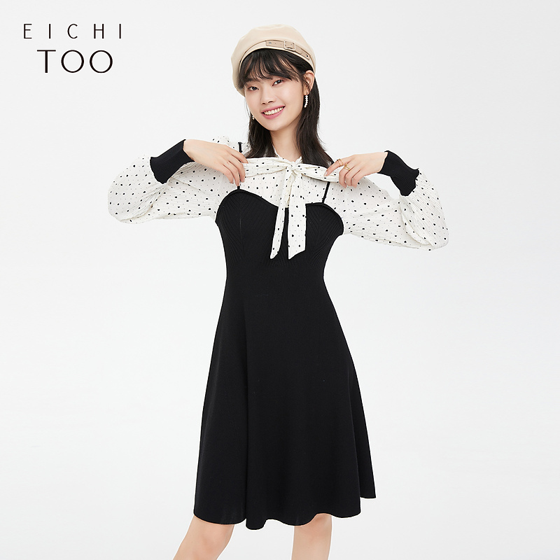 爱居兔女装中长裙系带撞色假两件针织连衣裙EQLSJ3M002A