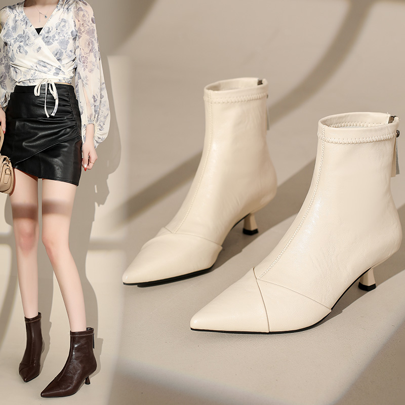 细跟跟鞋法式黑色高跟短靴子尖头百搭裸靴冬季时尚501-2