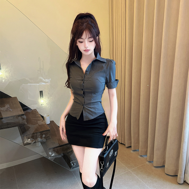御姐气质灰色jk制服套装女春夏季新款学院风短袖衬衫包臀裙工作服