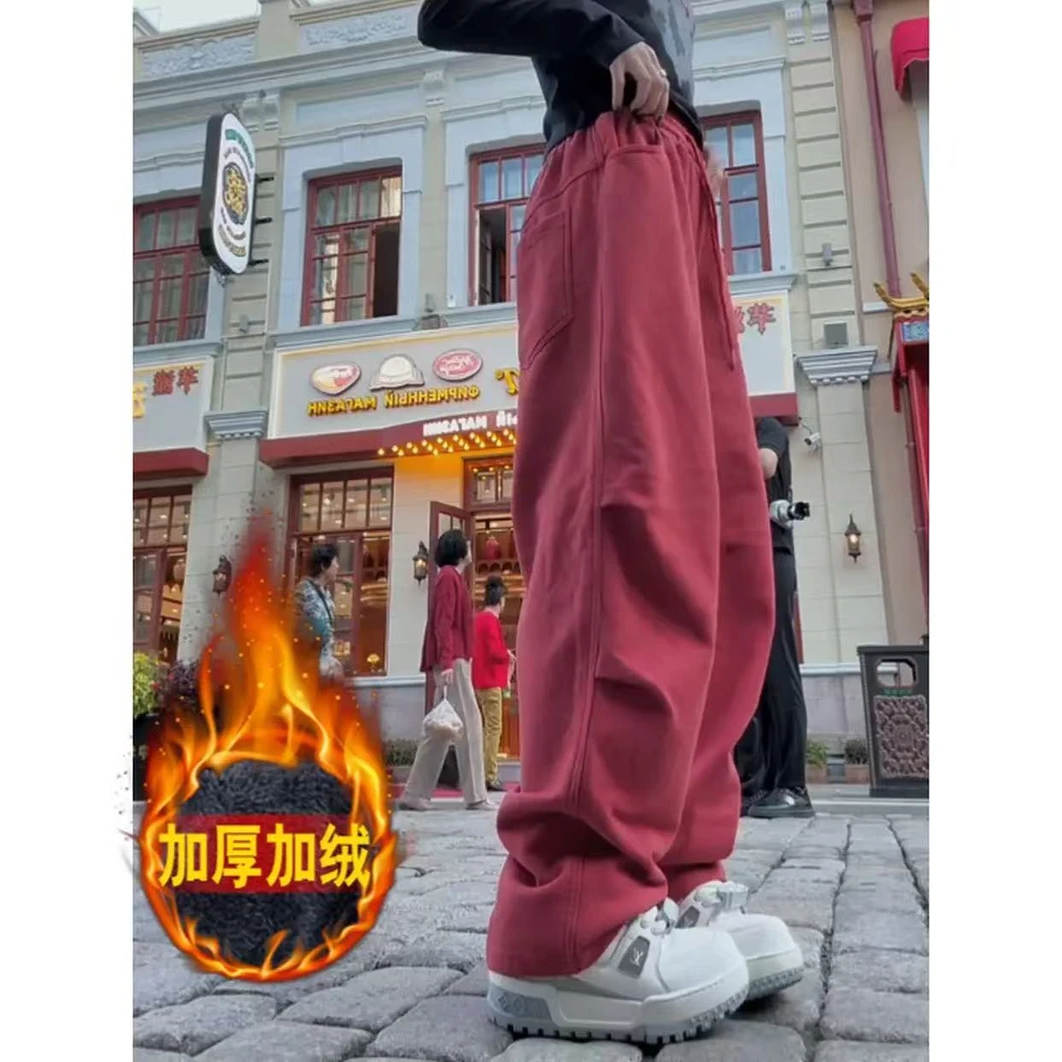 2025冬季加绒捏褶女士卫裤子梨形身材高腰宽松显瘦百搭抽绳休闲裤