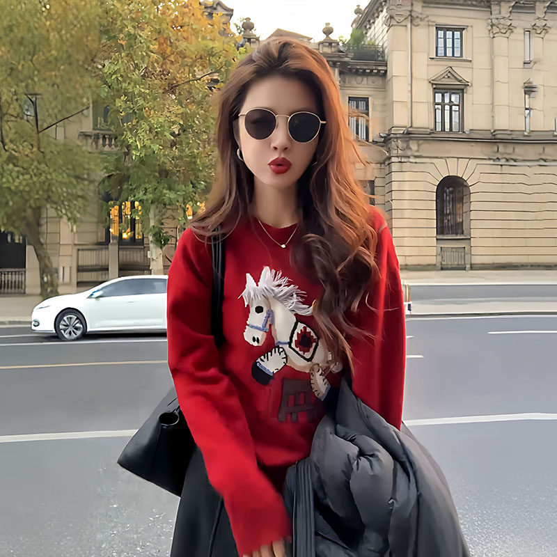 大码设计感本命年红色小马毛衣女冬季新款胖mm内搭外穿针织衫上衣