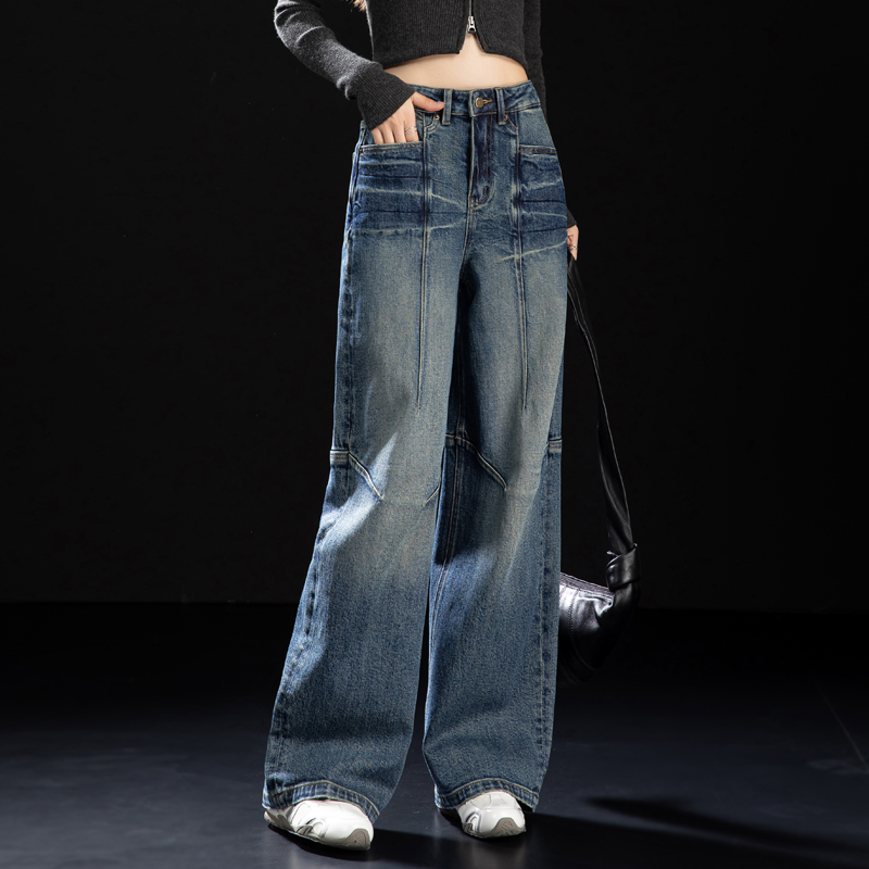 美式高街牛仔裤女款爆款2025新款秋冬高腰阔腿裤宽松显瘦直筒长裤