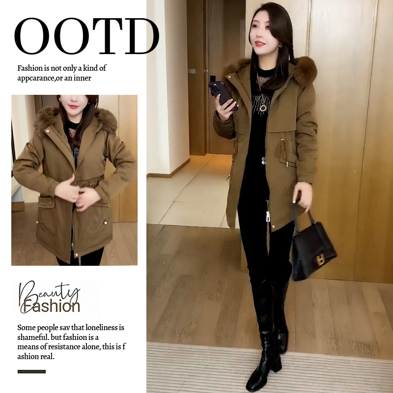 加绒加厚小个子休闲棉服女2025冬季新款慵懒风毛领保暖中长款棉衣