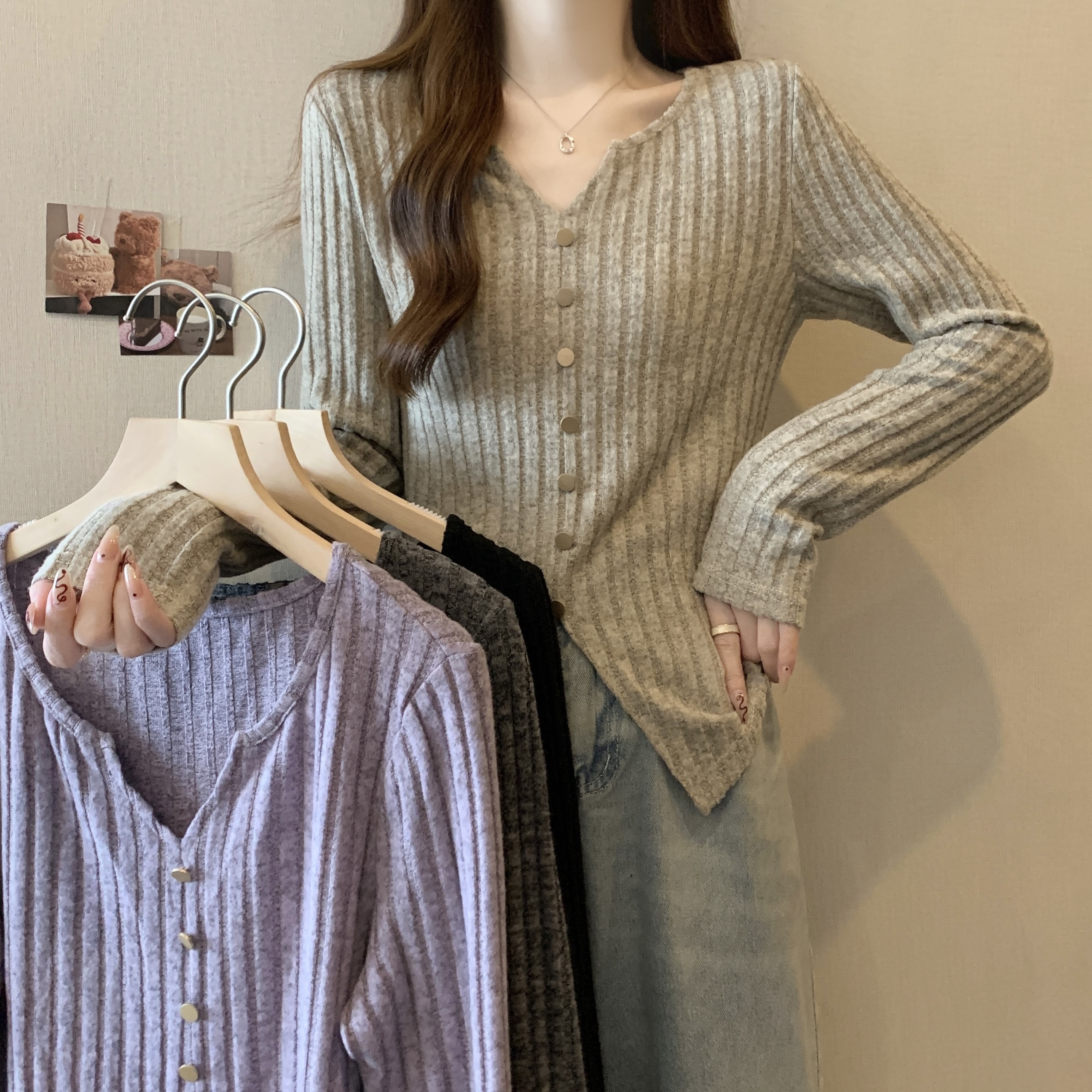 【运费补贴】胖mm显瘦遮肉针织打底衫220斤大码女装长袖上衣秋8060