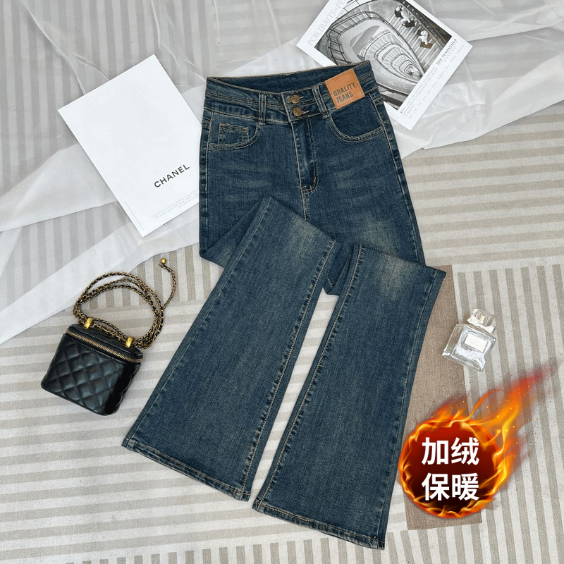 复古蓝双排扣微喇叭牛仔裤女2025冬季新款小个子高腰修身显瘦长裤
