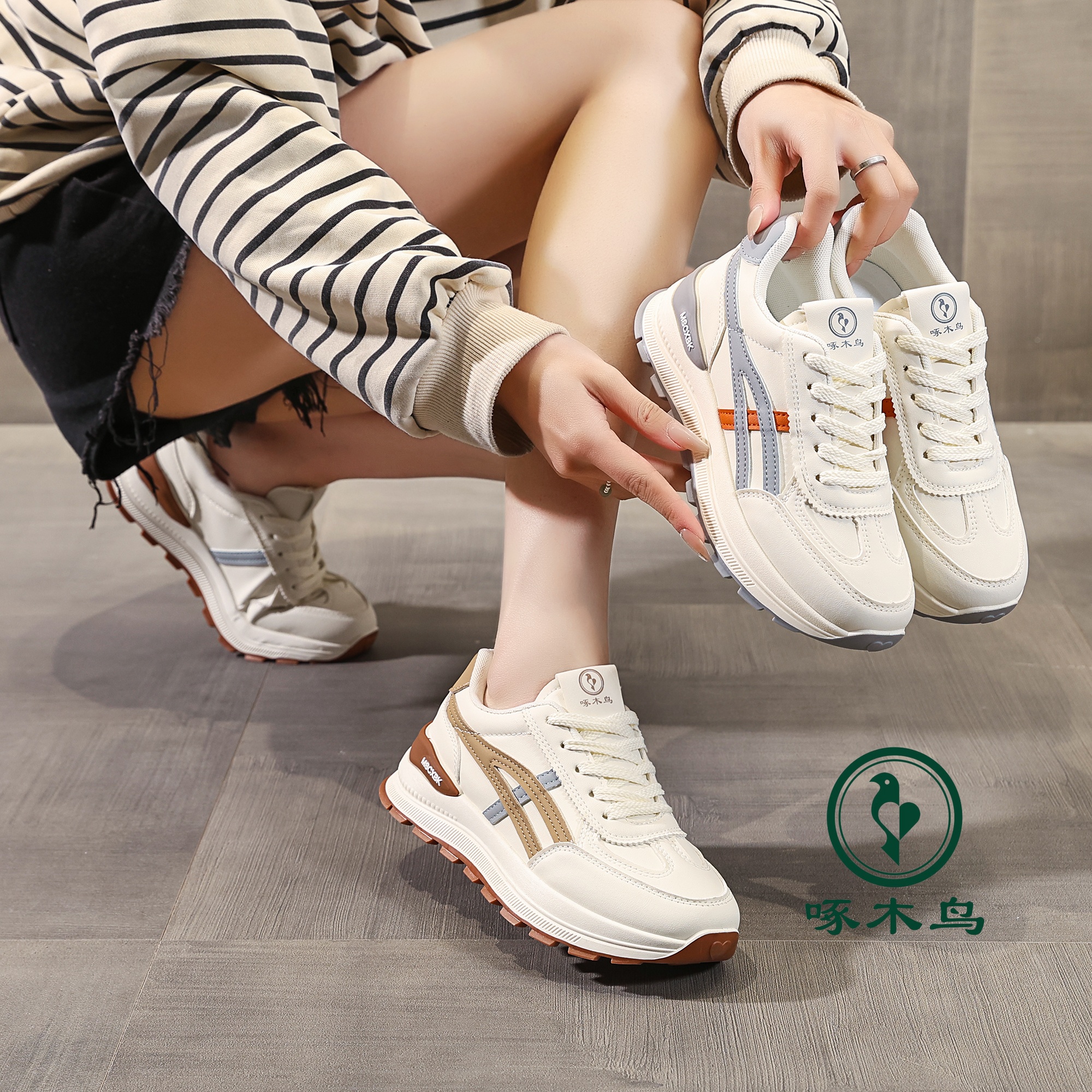 啄木鸟2025真皮软底时尚百搭休闲运动鞋女小众设计感小白鞋