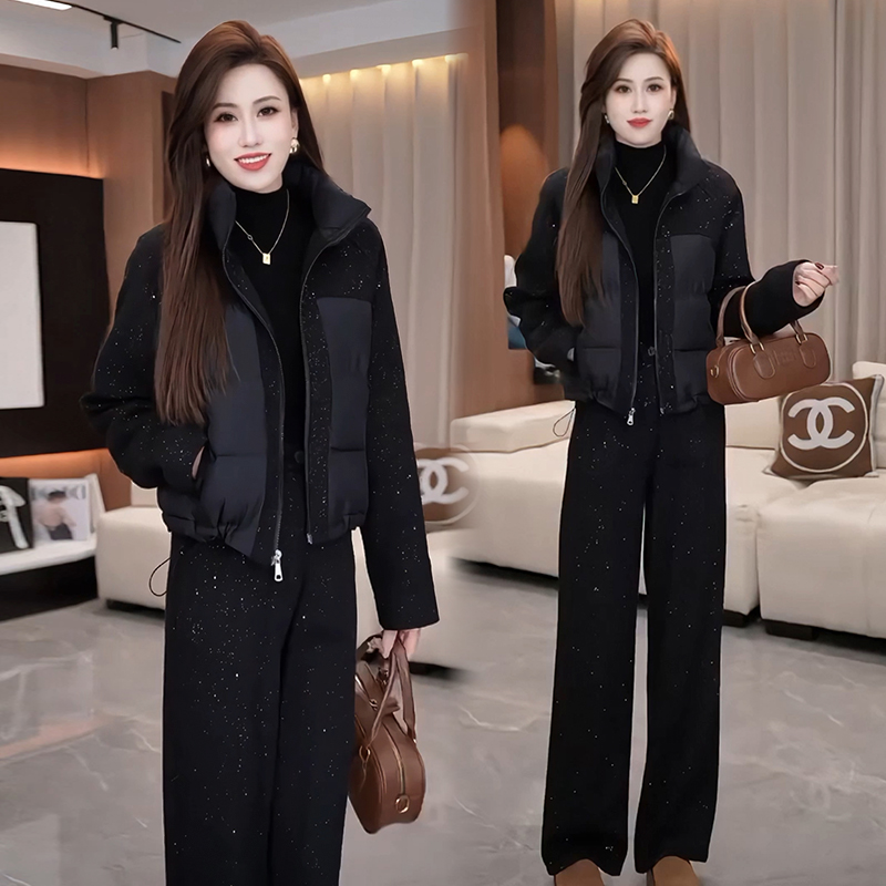 时尚套装女2025秋冬新款亮闪闪毛呢拼接棉服外套直筒阔腿裤两件套