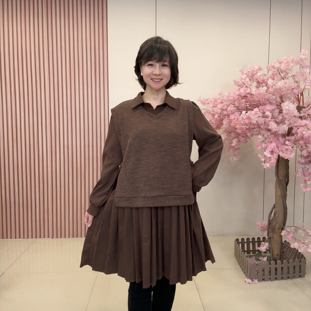 3613秋冬休闲时尚衬衫马甲两件套 百褶连衣裙