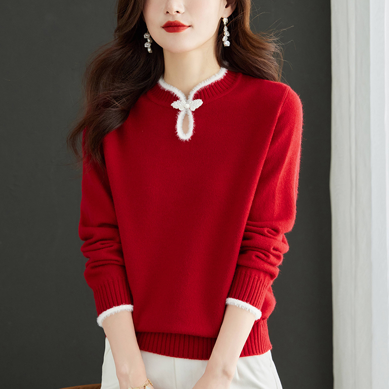 秋冬时尚减龄大码洋气红色针织毛衣女士宽松显瘦新中式内搭打底衫