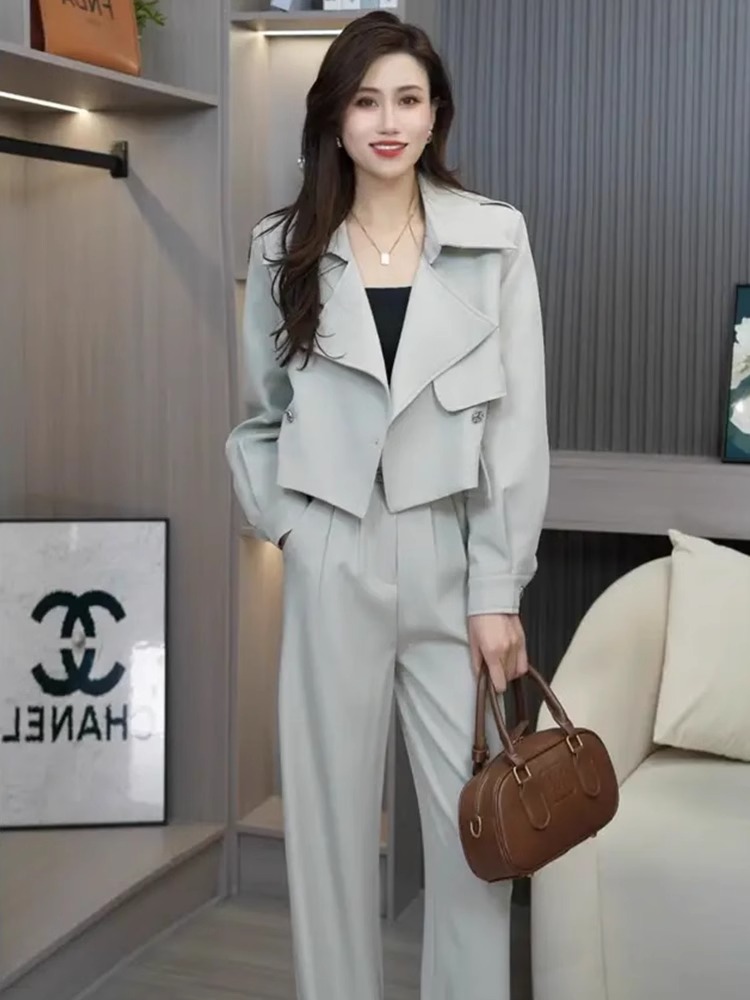 0330法式西装套装女2025春秋气质御姐短款风衣外套阔腿裤两件套