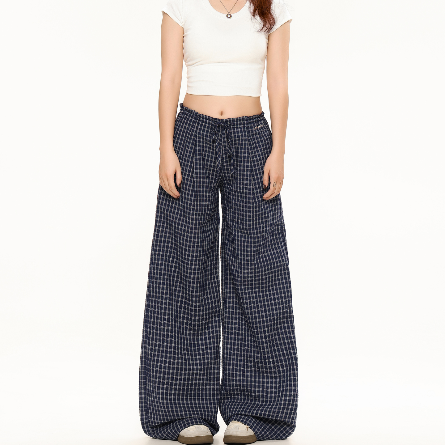 MJB 2025夏季新款露思同款抽绳韩系垂感格子裤宽松慵懒阔腿休闲裤