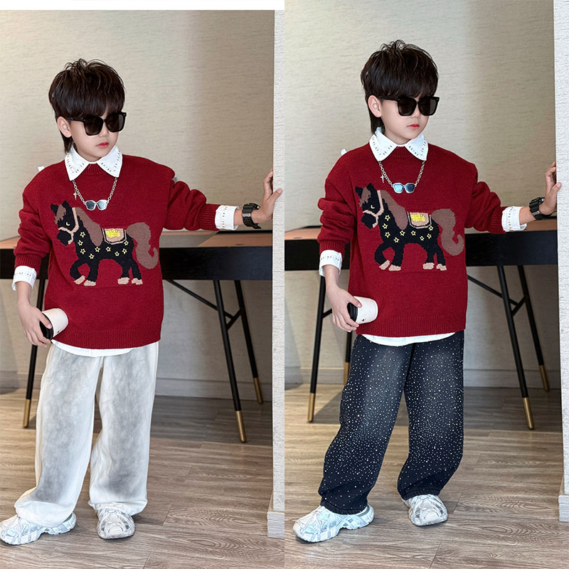 男童冬季韩版简约休闲小马提花圆领长袖针织衫中大童红色年服毛衣