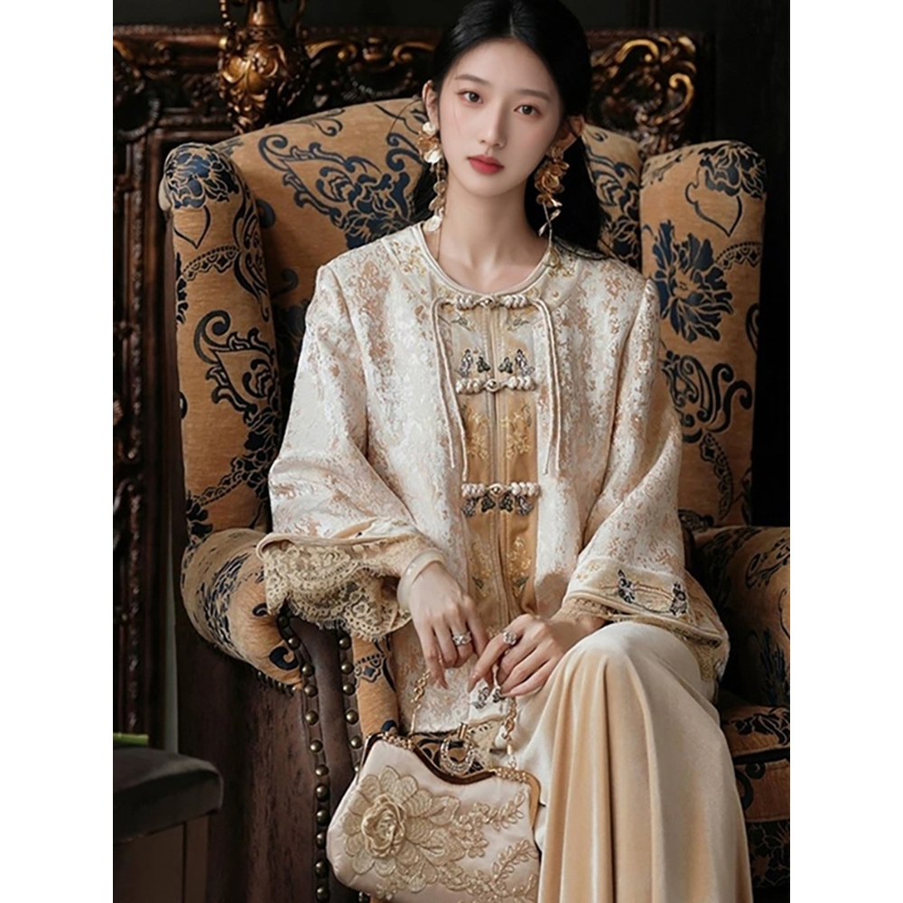 2025早春新款女装新中式国风蕾丝袖宽松盘扣上衣气质轻奢半裙套装