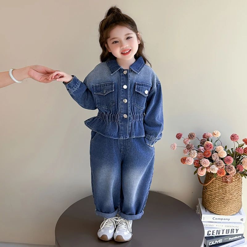 女童牛仔套装春秋款2025新款儿童韩系收腰外套洋气女宝时髦两件套