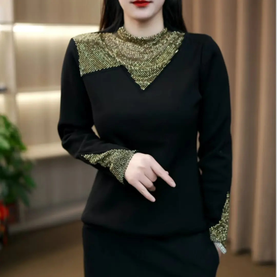 加绒冬款百搭镶钻纯色黑色洋气减龄T恤上衣内搭显瘦打底衫855