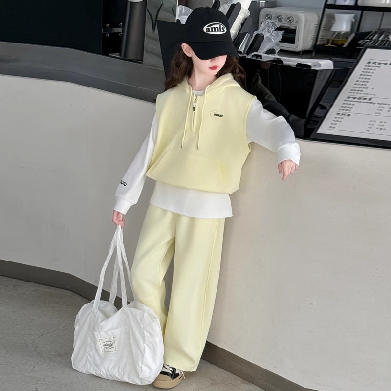 女童春装马甲套装2025新款韩系时髦女大童春秋装连帽卫衣三件套潮