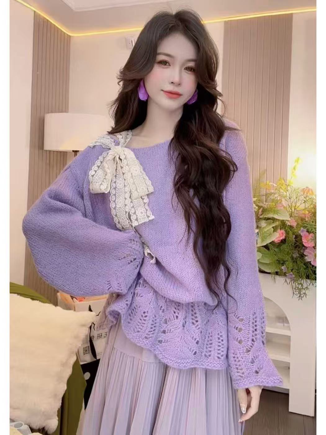 2025新款温柔紫色蕾丝蝴蝶结系带套头毛衣春秋甜美宽松针织衫上衣