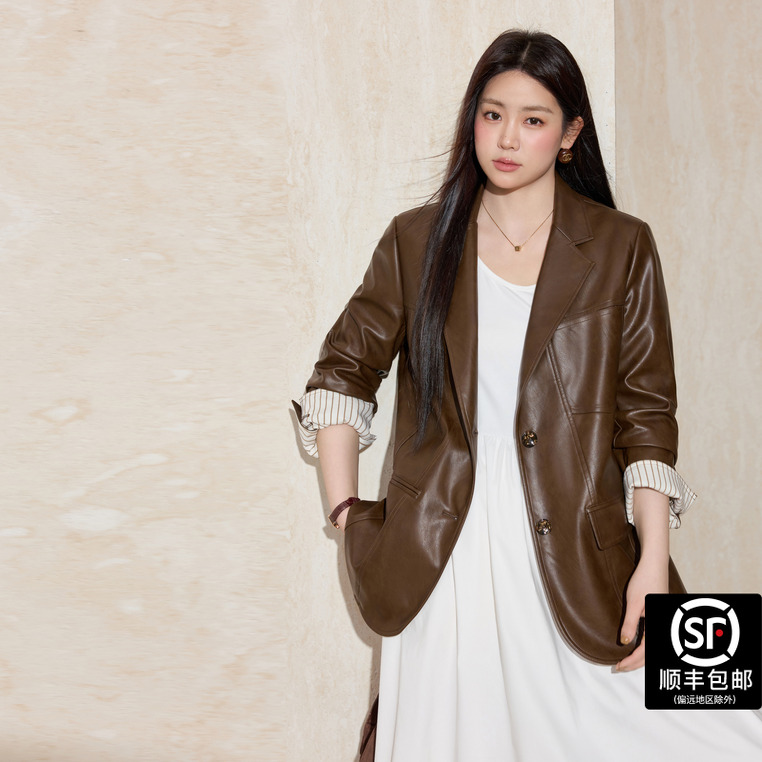 蓝语大码女装咖色拼接设计西装皮衣外套2025秋季新款宽松夹克上衣