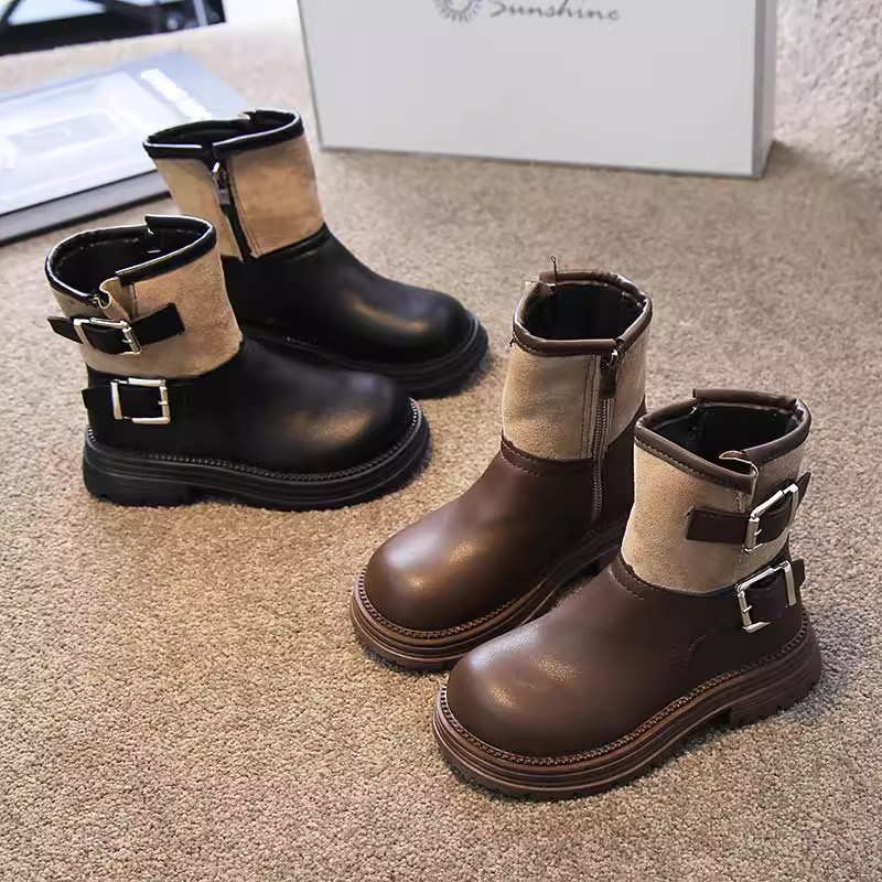 ABC儿童马丁靴英伦风单靴2025冬季新款男童女童加绒保暖中筒皮靴