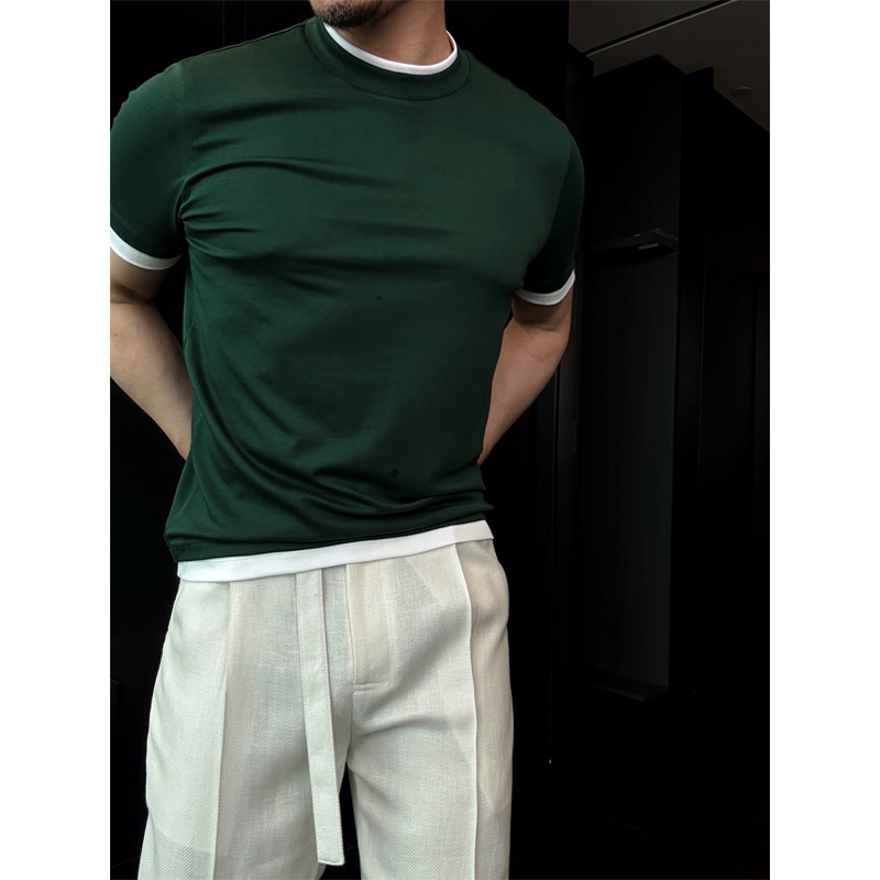 DRUNK CORNER 368#圆领撞色短袖T恤修身日常百搭男士