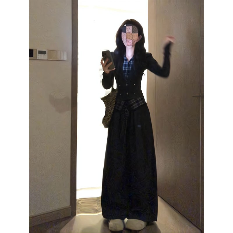 甜酷辣妹撞色格纹假两件卫衣外套女秋季显瘦百搭宽松阔腿裤套装