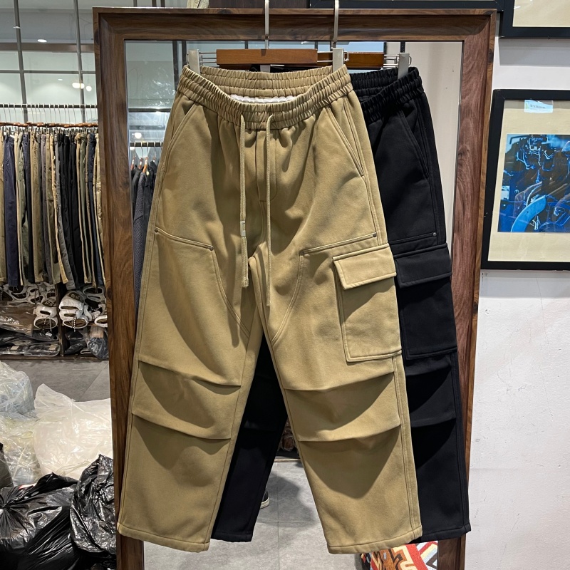 重磅厚实加绒保暖休闲裤男美式复古水洗宽松多袋工装裤男直筒长裤