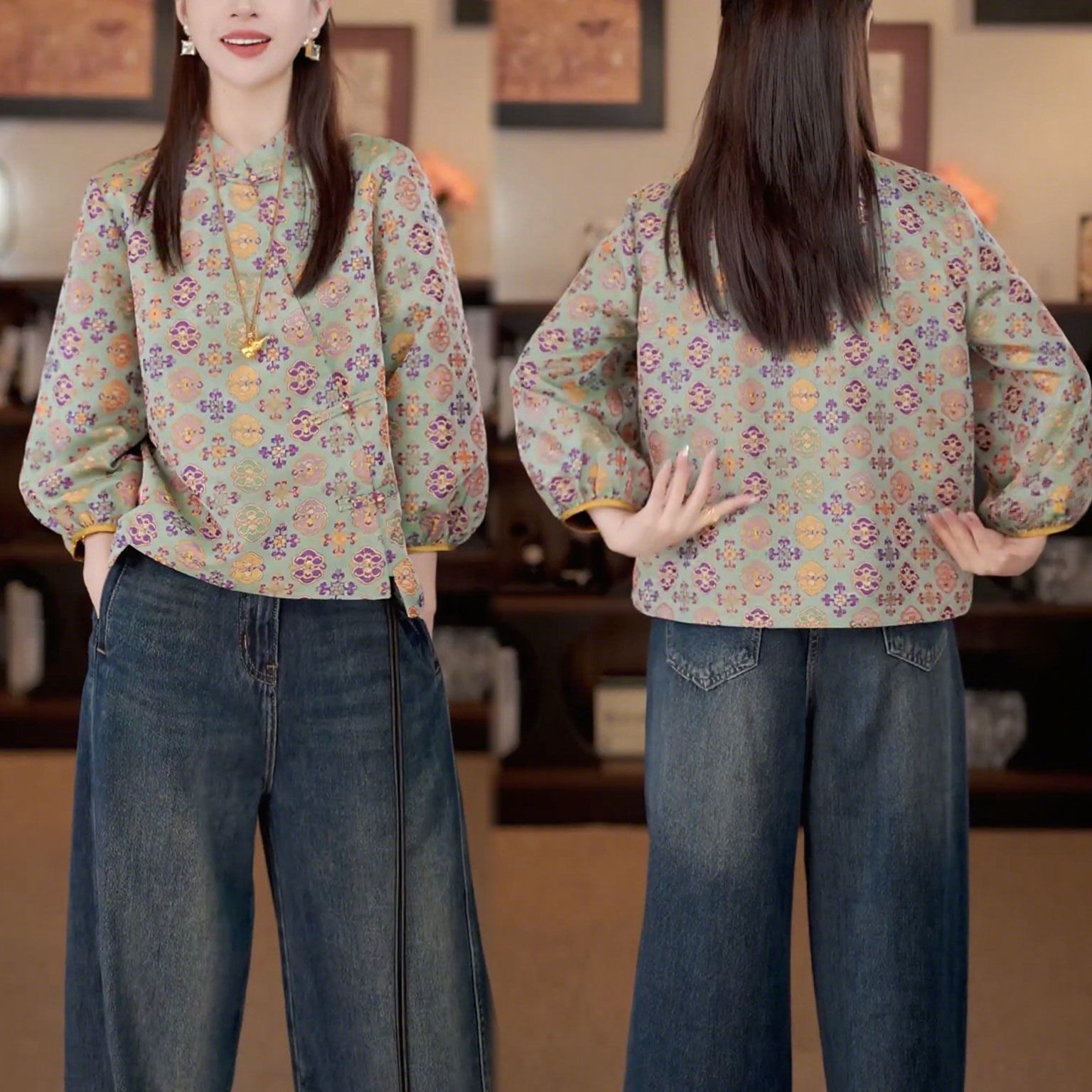 早秋气质国风长袖复古上衣2025年新款百搭休闲遮肉大气通勤风小衫