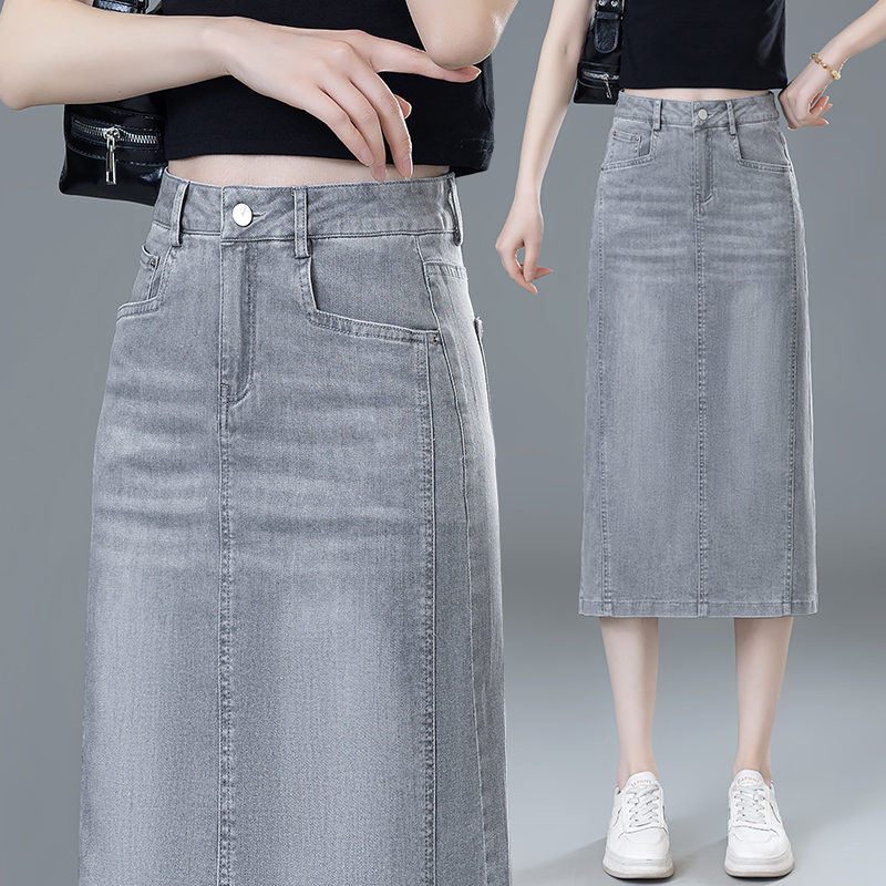 莫兰迪灰牛仔半身裙女夏薄款2025新款高腰显瘦开叉一步a字直筒裙