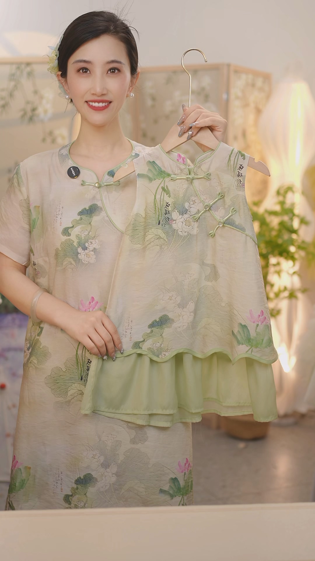 现货亲子装【夏荷】SC395女童夏季新中式白荷花新款国风旗袍裙