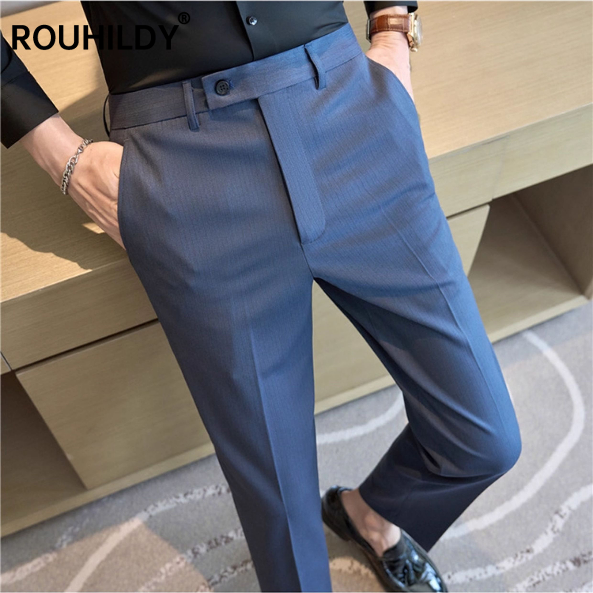 春季蓝色西裤男士抗皱休闲九分2026新款修身弹力商务条纹西装长裤