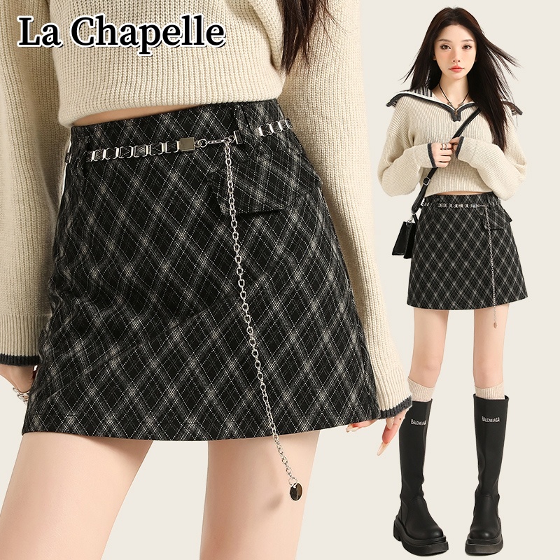 拉夏贝尔秋冬复古格纹毛呢半身裙百搭显瘦防走光链条a字包臀短裙