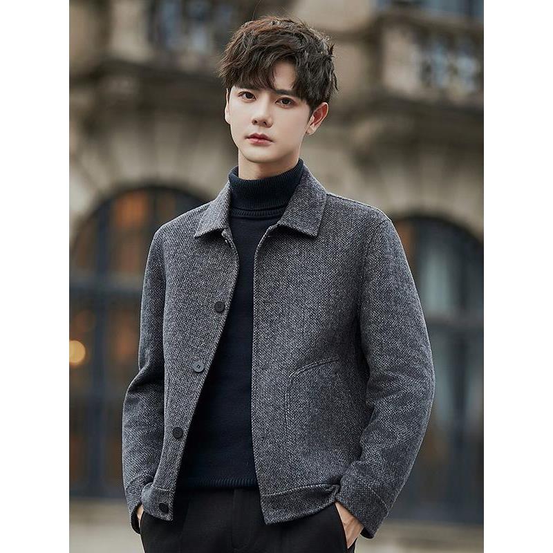 彪博男士双面呢子外套短款学生大衣春秋冬季加厚休闲青年夹克男装