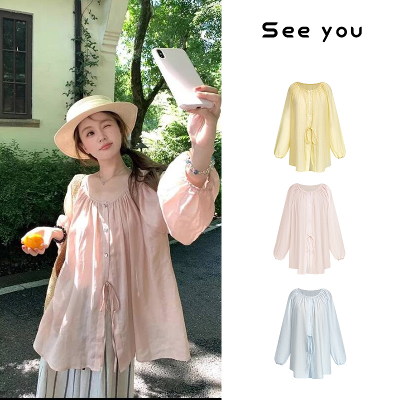 会呼吸的防晒衬衫韩系温柔风两面穿宽松灯笼袖上衣小衫X1175