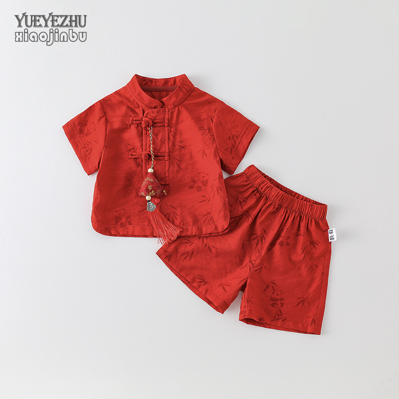 宝宝新中式分体套装夏季新款婴儿周岁衣服夏装红色喜庆唐装外出服