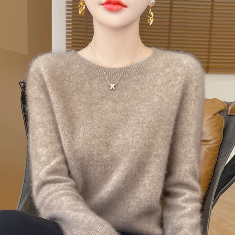 鄂尔都市牧王羊绒衫女圆领宽松套头针织毛衣纯色内搭显瘦打底衫