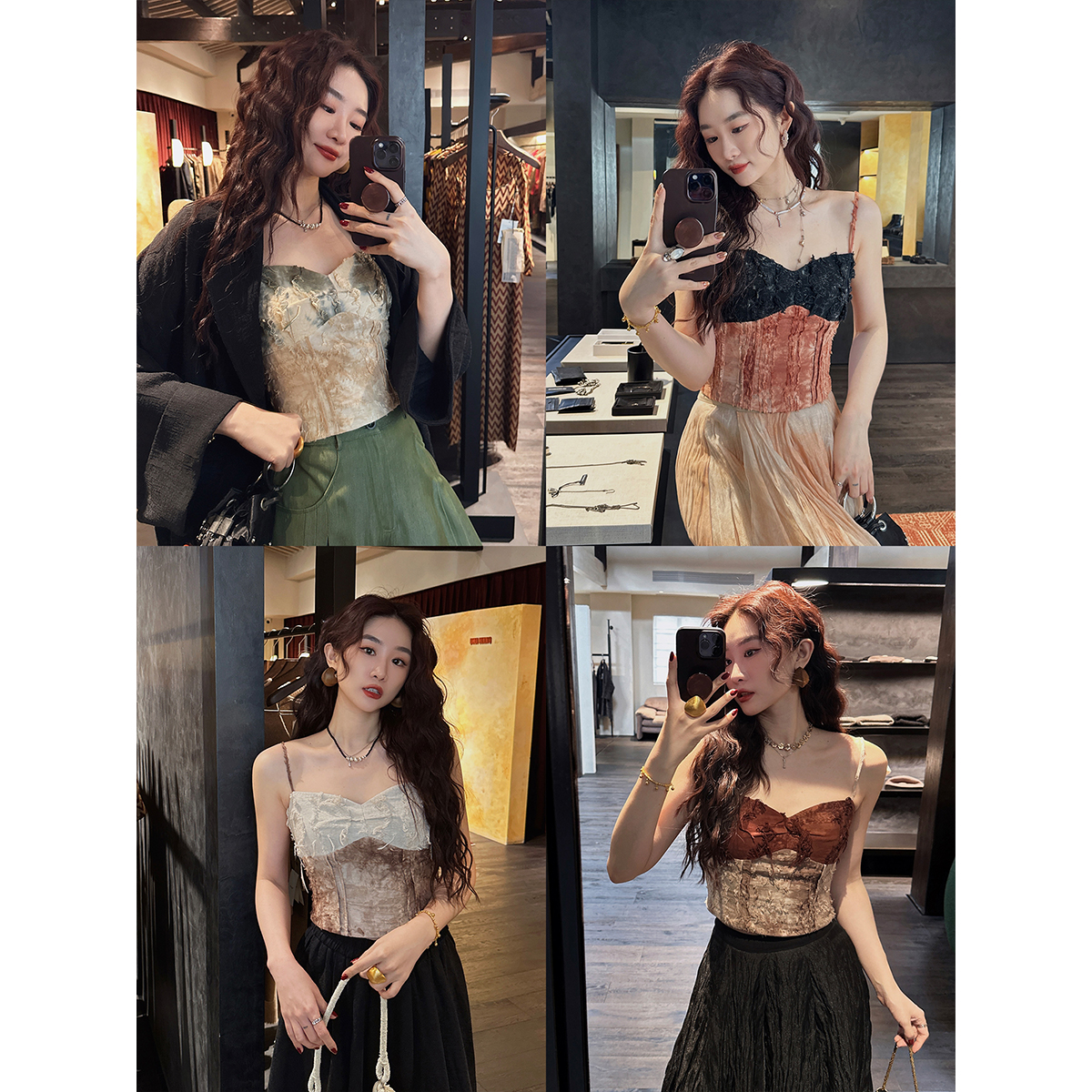 三吉黑花【池藻】国风吊带背心女内搭2025新款女夏外穿剪花拼接潮