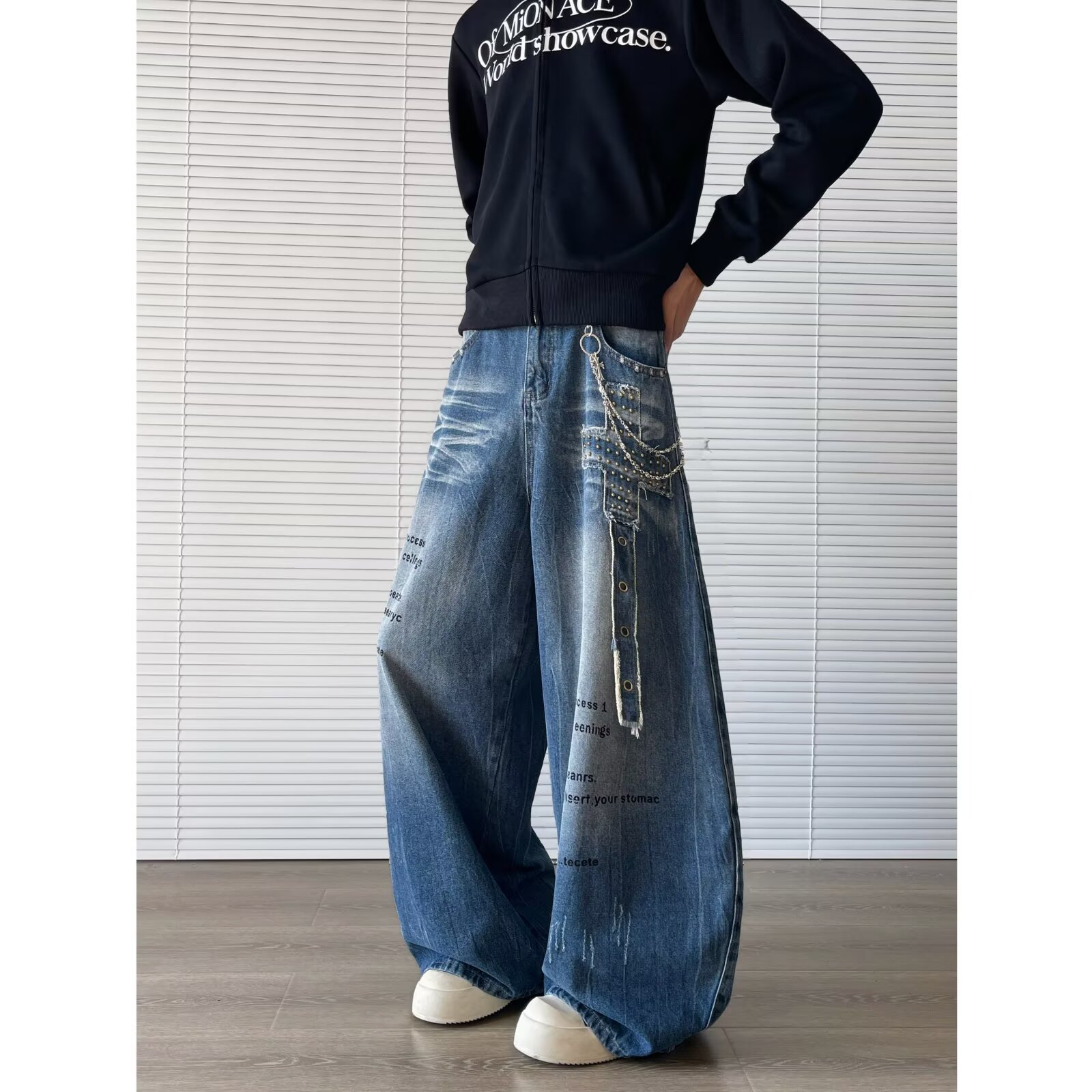 美式复古铆钉弯刀牛仔裤男2025秋冬季新款设计感宽松显瘦阔腿裤子