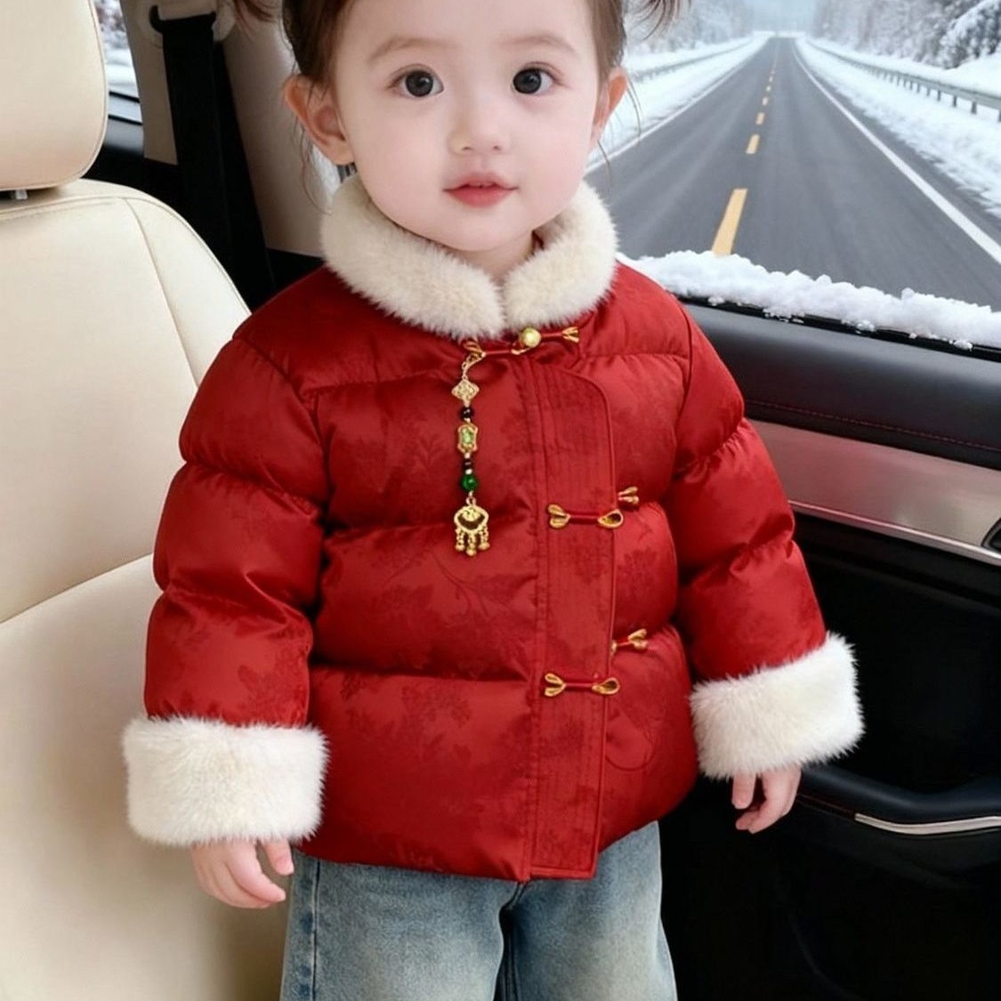 女宝秋冬季加绒加厚国风婴儿羽绒棉衣小孩新款外出男童过年拜年服