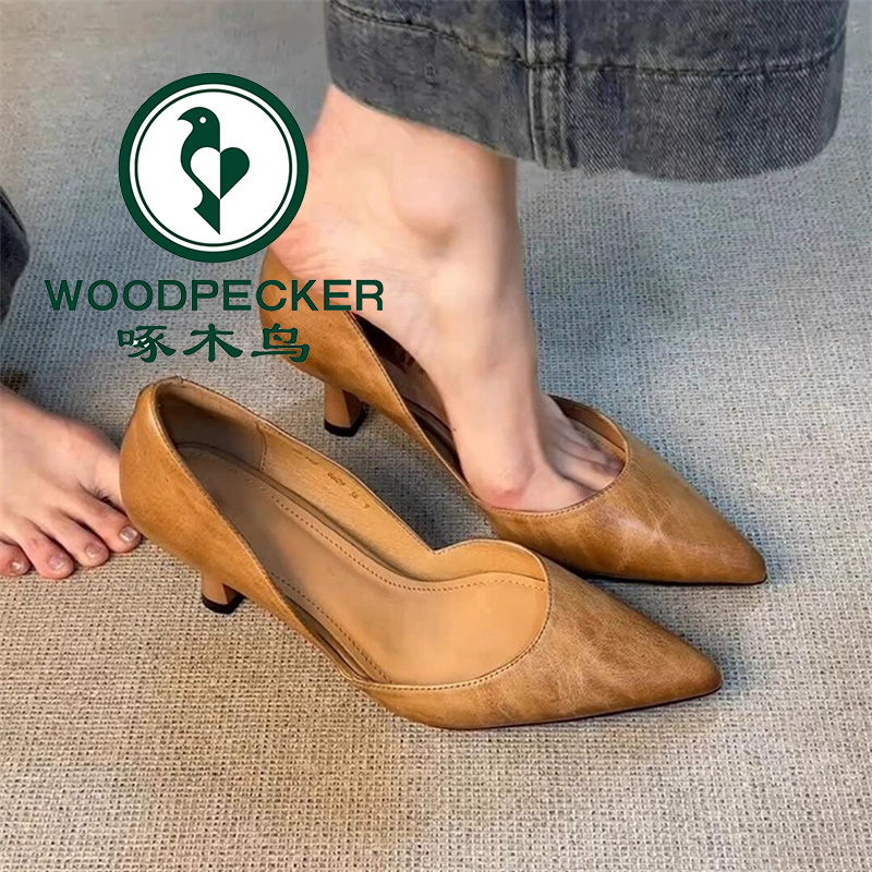 啄木鸟复古高跟鞋女2025新款春秋百搭职业工作鞋浅口尖头气质单鞋