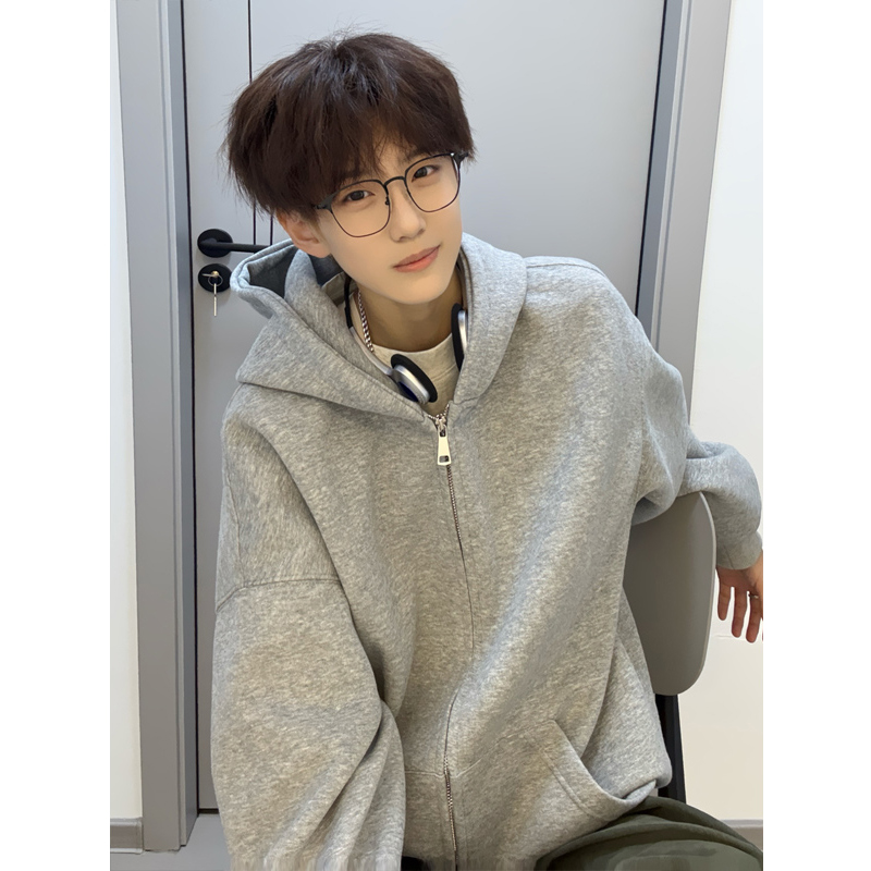 灰色拉链开衫卫衣男款秋季重磅宽松廓形情侣上衣美式复古连帽外套